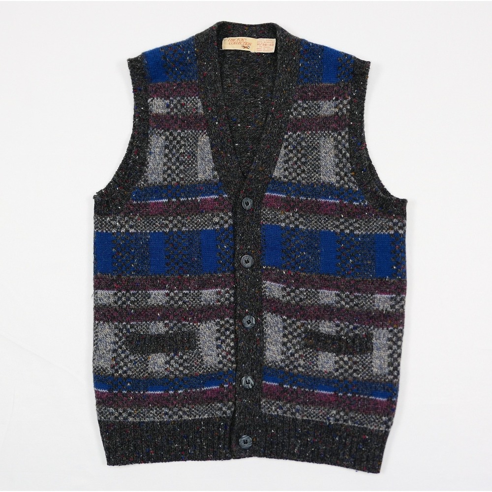 VTG Fox Collection Knit Sweater Vest Mens M Wool Blend Fair Isle Tweed V-Neck